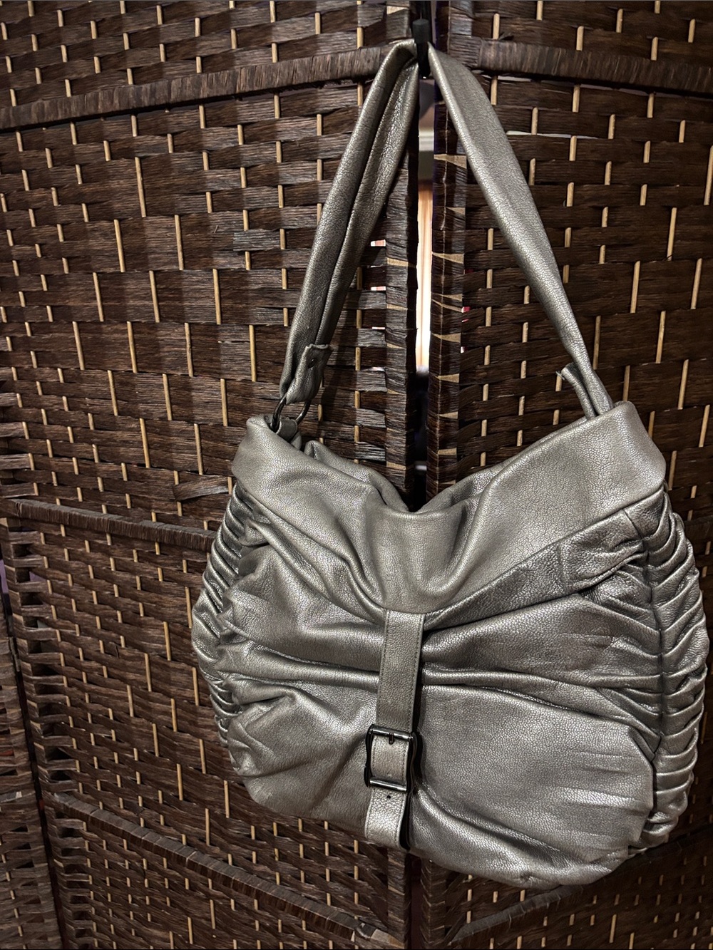 Treesje Metallic Pewter Ruched Shoulder Bag